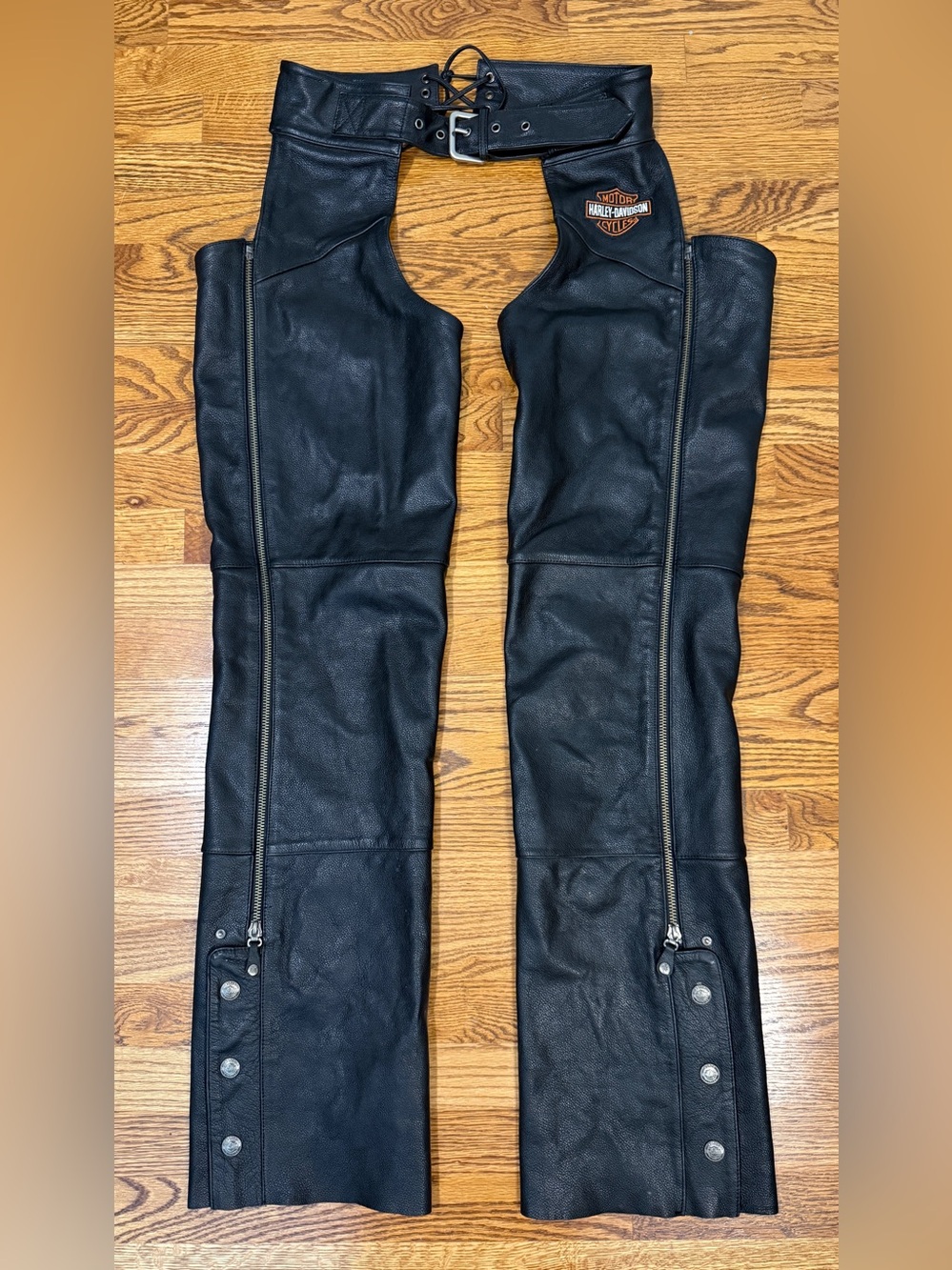 Genuine Harley Davidson Heavy Black Leather Biker Riding Chaps Size S Vintage